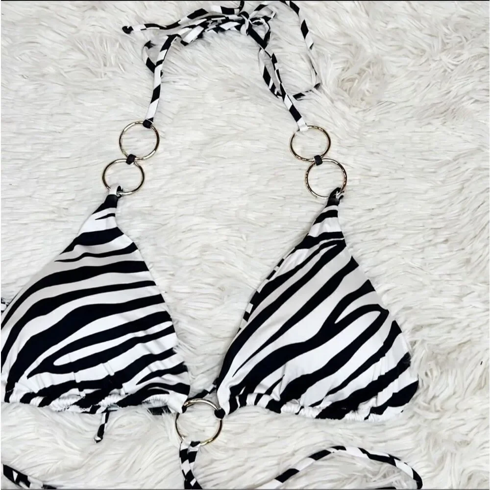 Monica Hansen Beachwear Zebra Print Triangle O-Ring Bikini Set Girl On Fire Larg